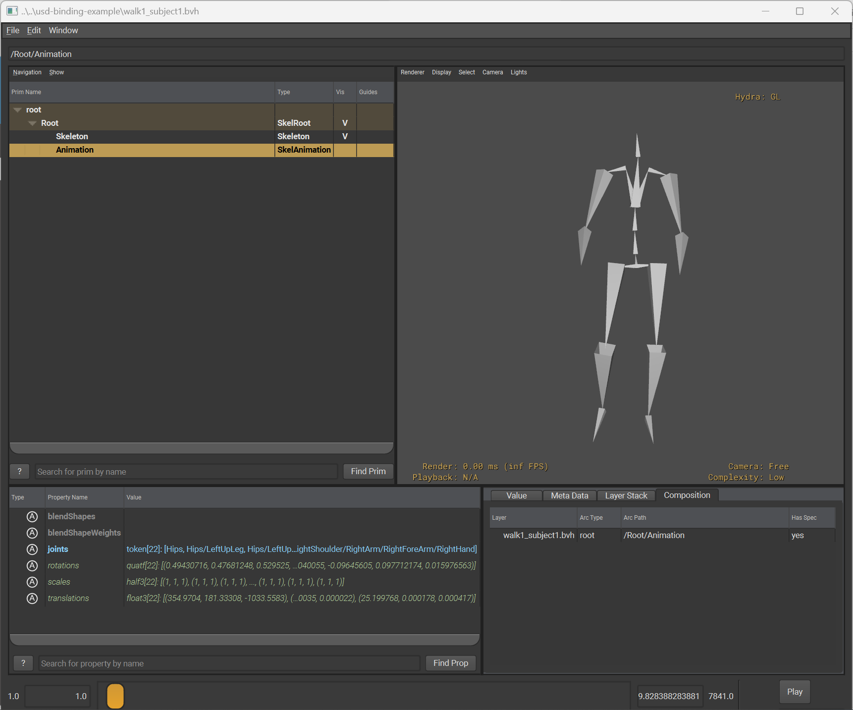 BVH skeleton and animation loaded in usdview
