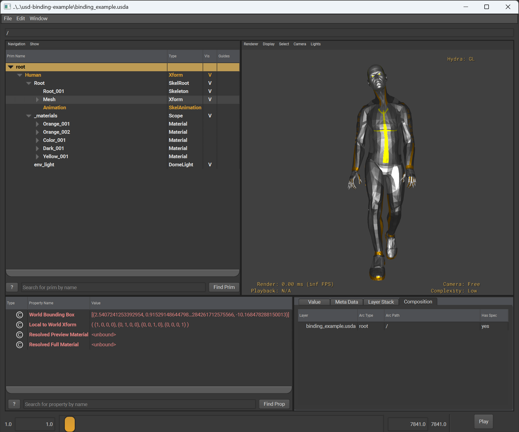 usdview screenshot showing the binding of a BVH animation from the LAFAN1 dataset with its sample model