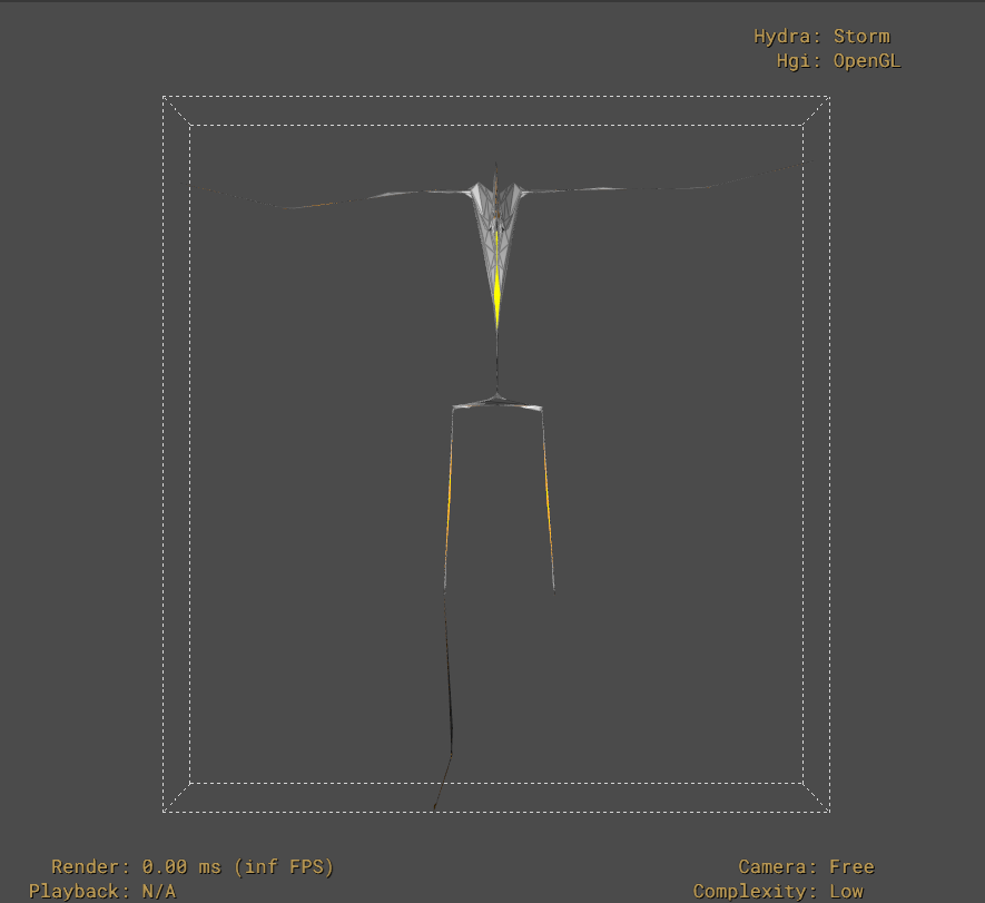 usdview screenshot showing a broken model as a result of applying BVH animation data with incorrect scale