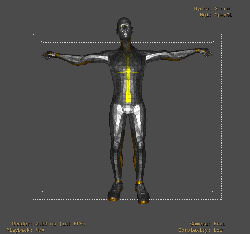 usdview screenshot showing a correctly rendered model with BVH animation that has been scaled to conform to the model